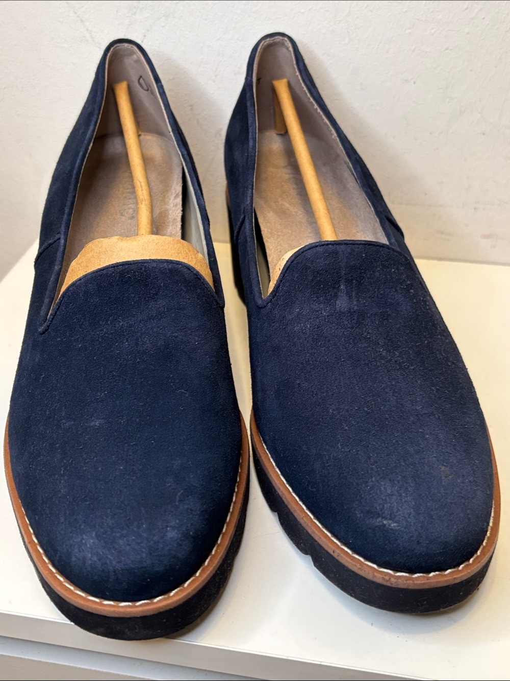 Vionic Navy Suede Wedge Loafers with Tan Trim 10 - Picture 3 of 8